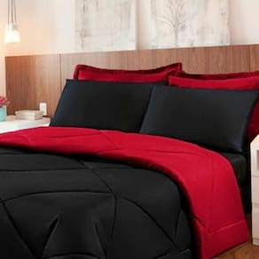 Kit 6 Pçs com Edredom e Lençol Aconchego Casa Dona Dupla Face Casal Queen Preto e Vermelho