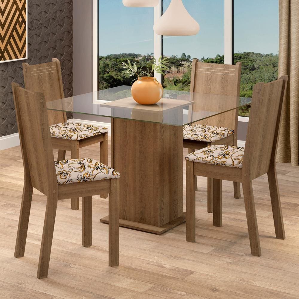 Conjunto Sala de Jantar Madesa Maya Mesa Tampo de Vidro com 4 Cadeiras