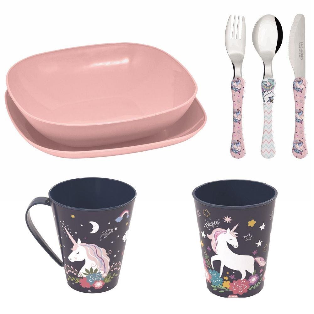 Conjunto pratos, talheres, copo, caneca infantil- Unicornio