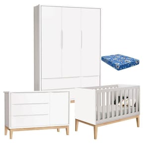 Quarto de Bebê Classic 3 Portas com Colchão Pés Madeira Natural - Reller