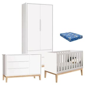 Quarto de Bebê Classic 2 Portas com Colchão Pés Madeira Natural - Reller