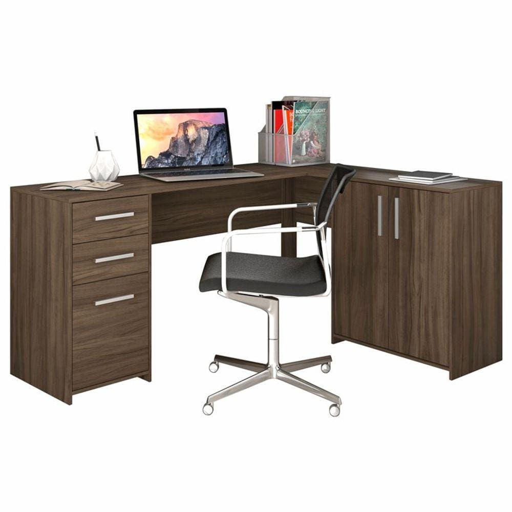 Mesa De Canto Em L Para Escritório Com 2 Gavetas E 3 Portas Nogal Trend