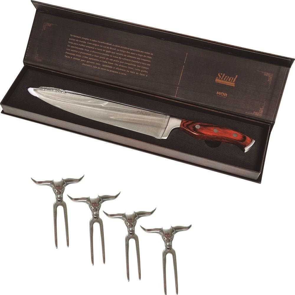 Faca Churrasco carne 10” inox e 4 (quatro) garfinhos touro
