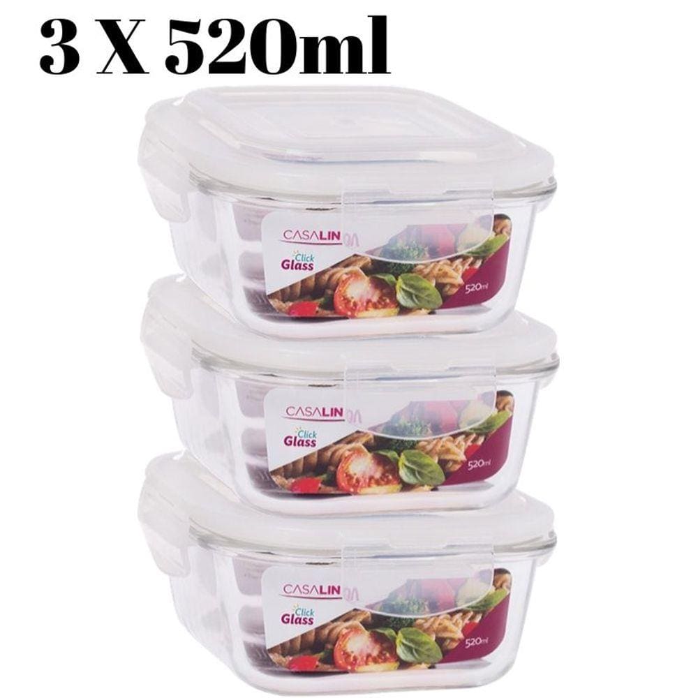 Conjunto 3 Potes Vidro Hermético Tampa Mantimentos 520ml