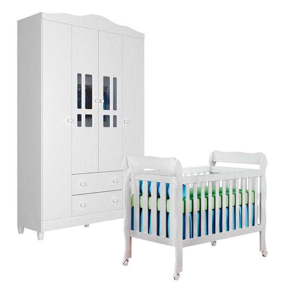 Berço Americano Lila e Guarda Roupa Infantil Ariel 4 Portas