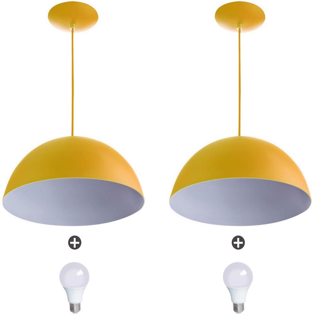 2 Lustres Pendente Meia Lua 30cm Alumínio Amarelo + Lampada