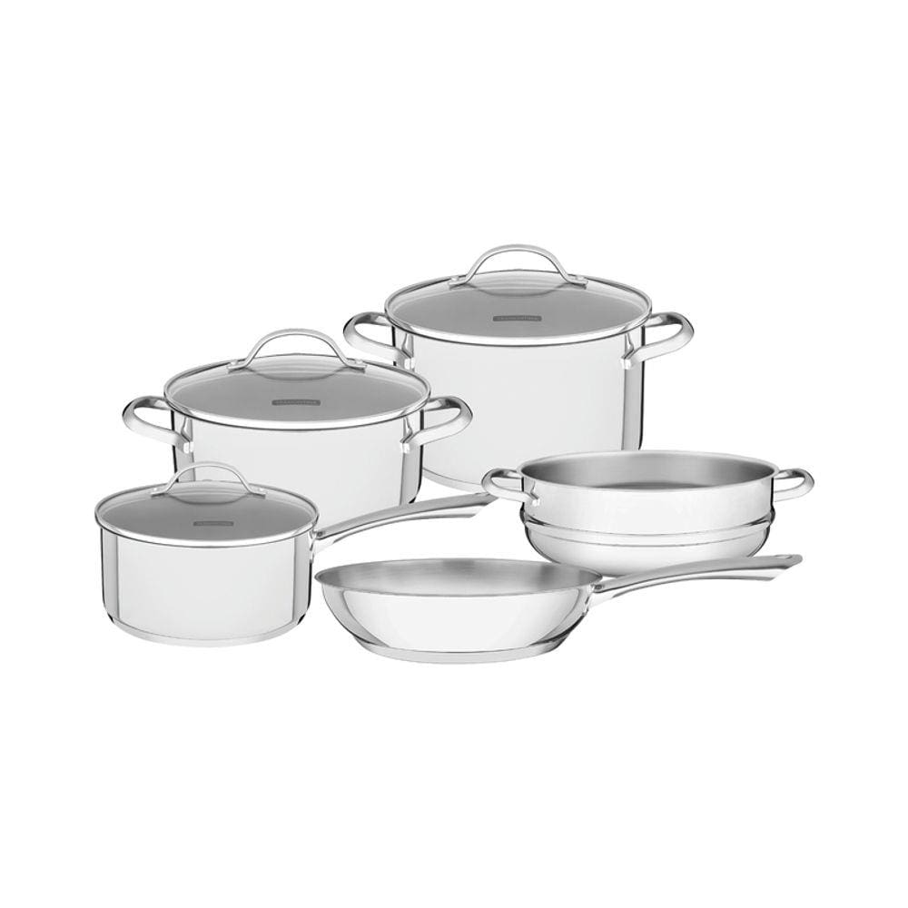 Jogo De Panelas Una Em Aco Inox Com Fundo Triplo E Tampas De Vidro 5 Pecas Tramontina