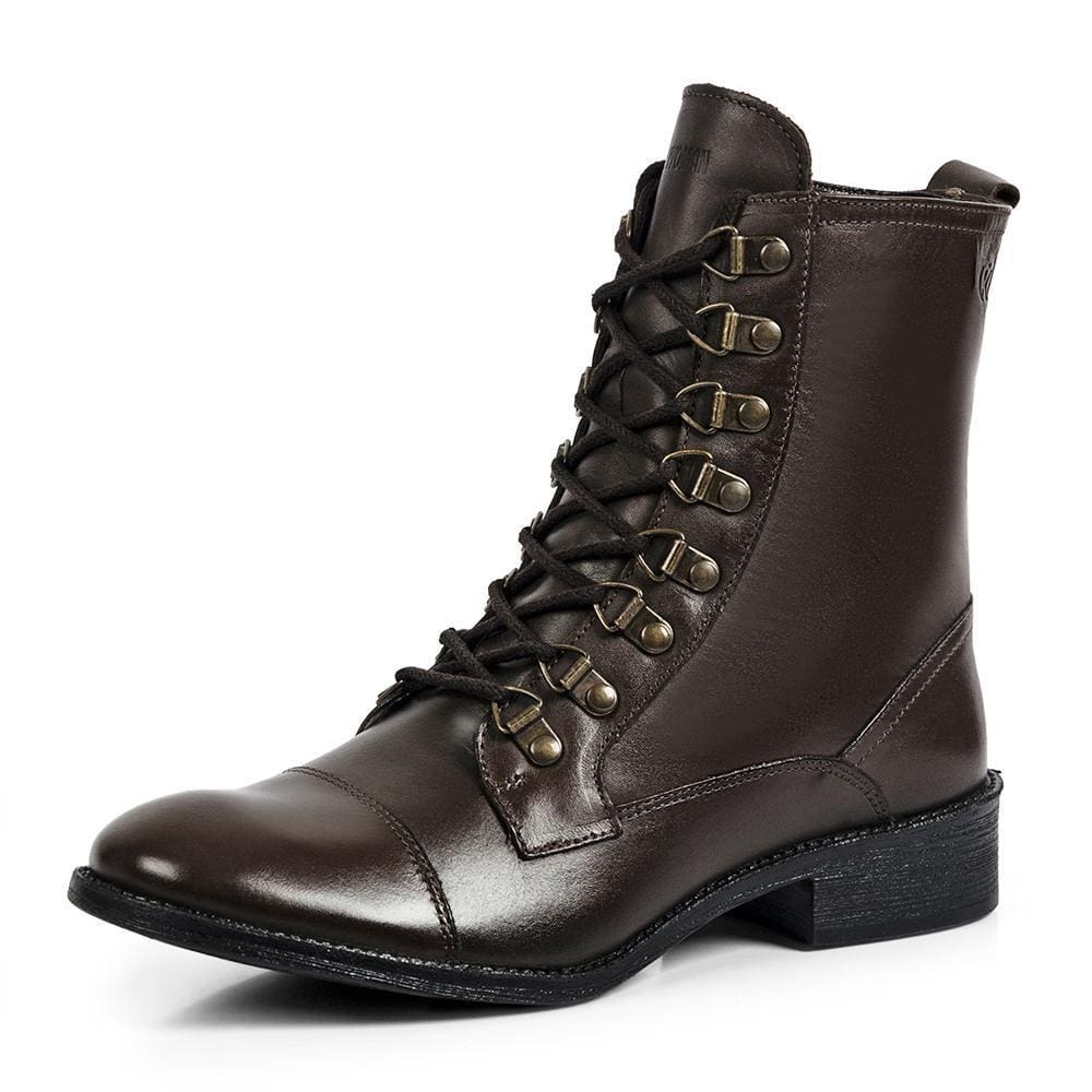 Bota Coturno Couro Feminina Bico Redondo Zíper Lisa Casual