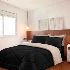 Kit 6 Pçs com Cobre Leito Aconchego Casa Dona Dupla Face Casal Queen Preto e Caqui