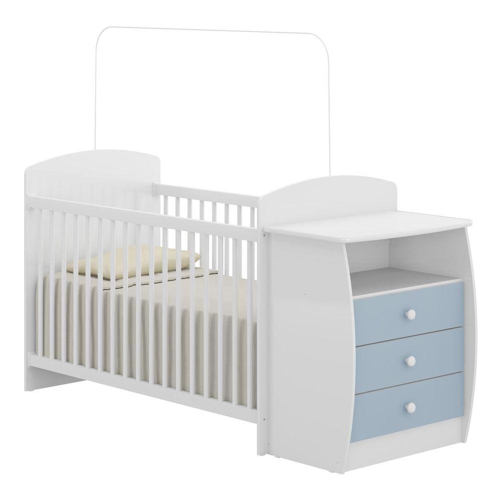Berço Cômoda Multifuncional Colinho de mãe com colchão incluso Multimóveis Branco / Azul