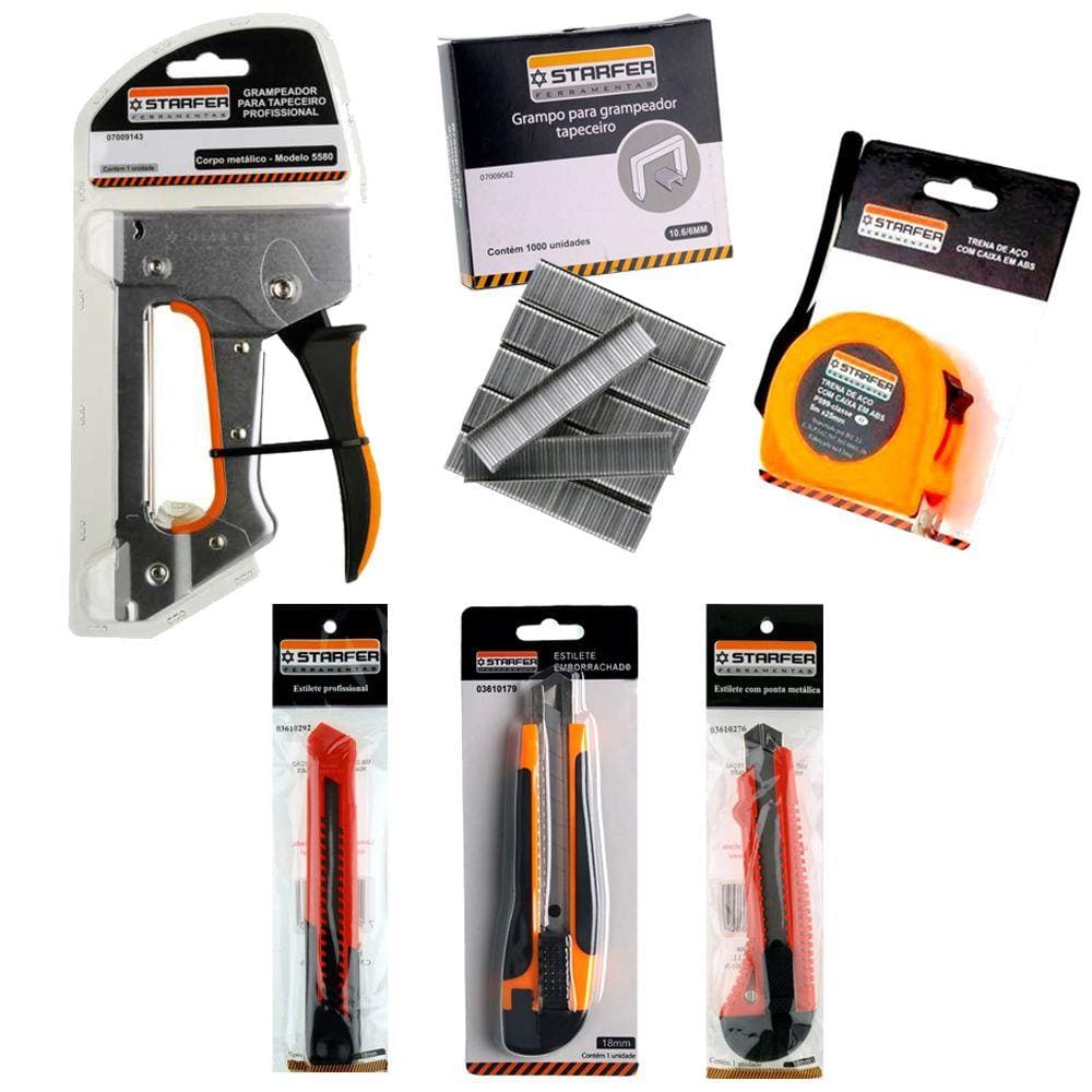 Kit Tapeçaria Grampeador Grampos Trena Jogo Estilete Starfer
