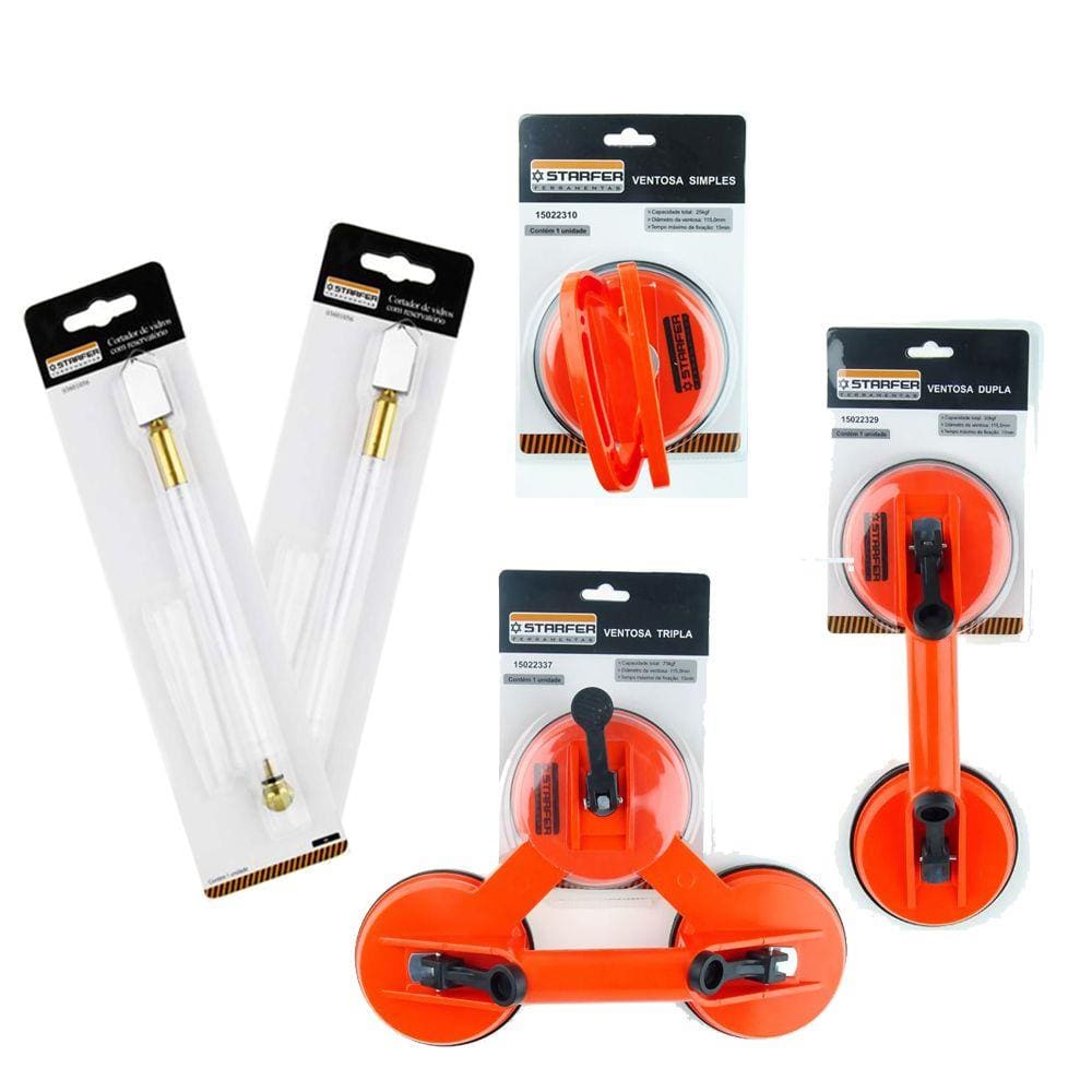 Kit Vidraceiro Básico 2 Corta Vidros Jogo Ventosas Starfer