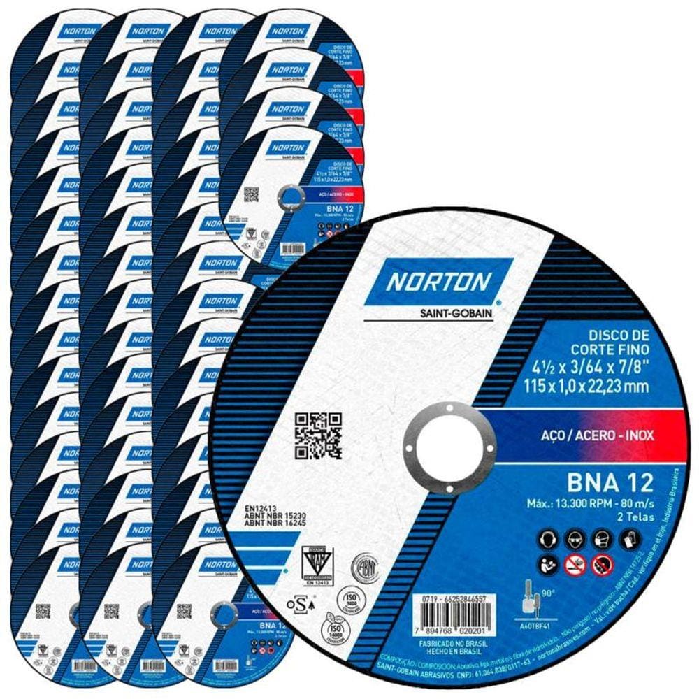 Disco de Corte para Metal e Inox 4.1/2 POL BNA 12 Kit com 50 Unidades