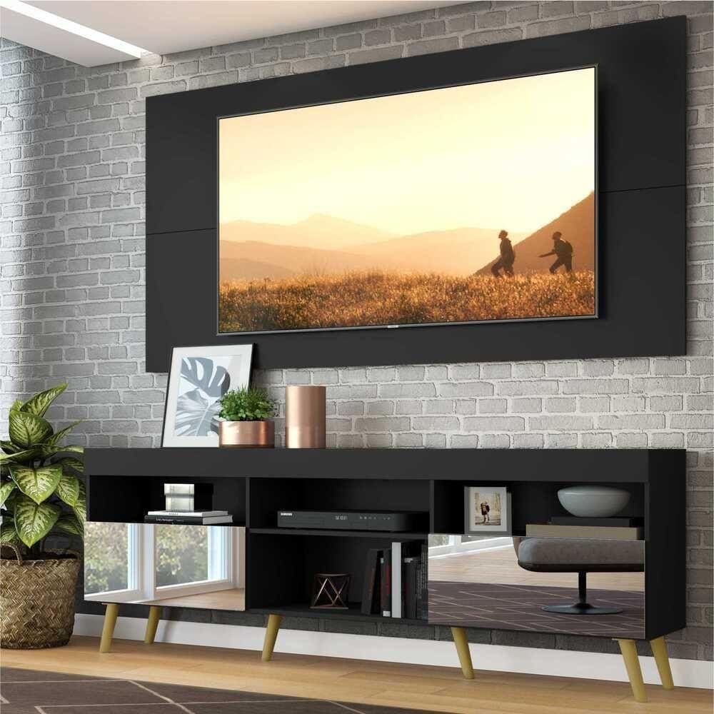 Rack c/ Painel TV 65", espelho e pés retrô Flórida Multimóveis