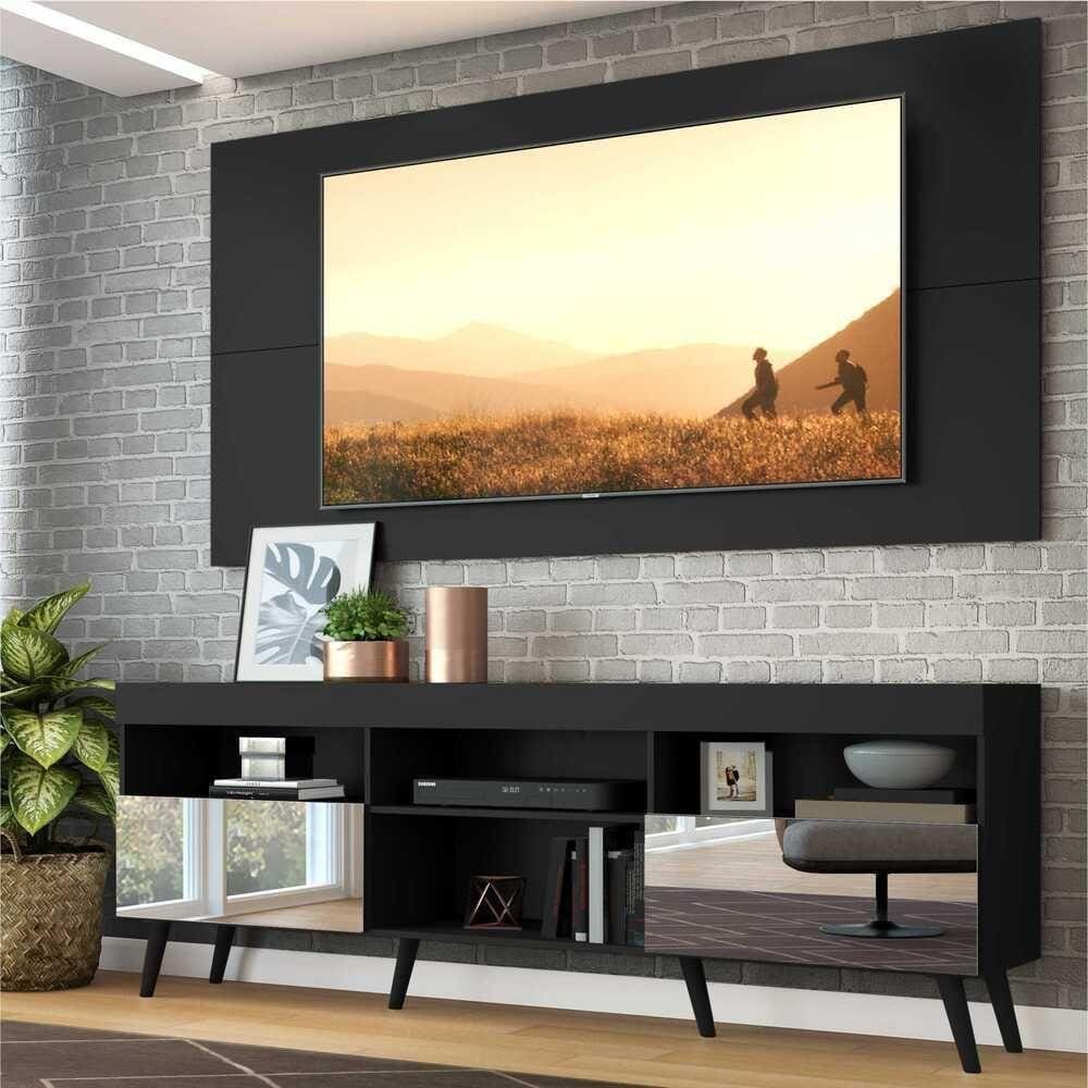 Rack c/ Painel TV 65", espelho e pés retrô Flórida Multimóveis