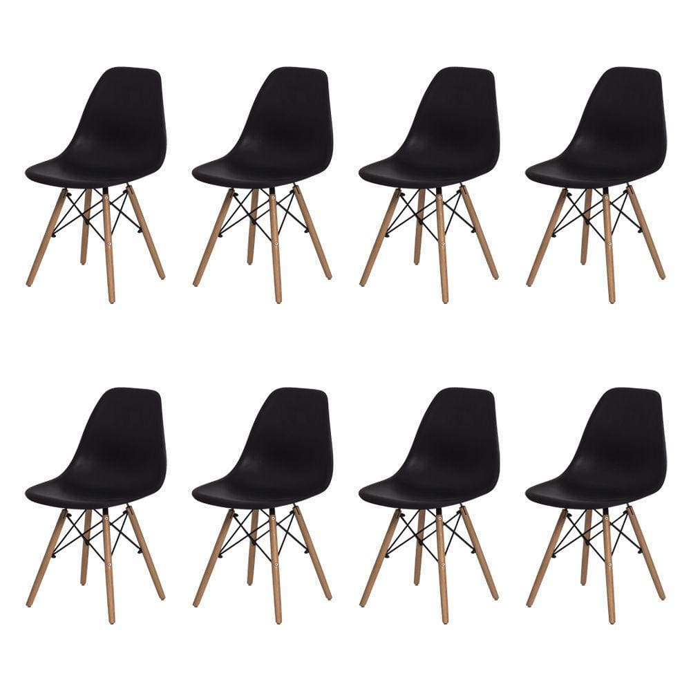 Kit 8 Cadeiras Charles Eames Eiffel Preta Base Madeira Sala Cozinha Jantar