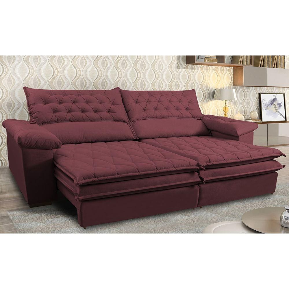Sofá Retrátil e Reclinável Molas Ensacadas Cama inBox Botonê 2,52m Espuma Viscoelástico Suede Vinho