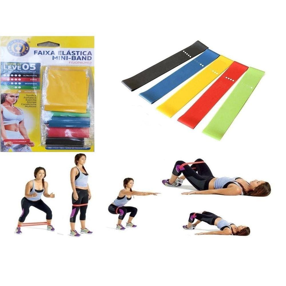 Kit Mini Band Faixa Elástica 5 Intensidade Pilates Funcional