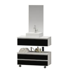 Gabinete Banheiro Creta 60Cm (Kit) Branco/Preto + Cuba Quadrada + Puxador Aluminio