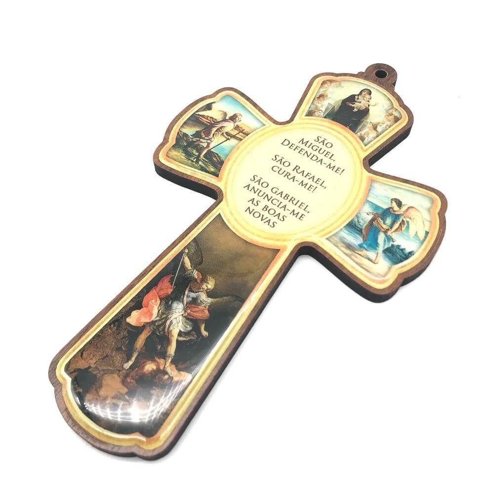 Crucifixo Cruz de Parede Arcanjos São Miguel Rafael e Gabriel Resinado