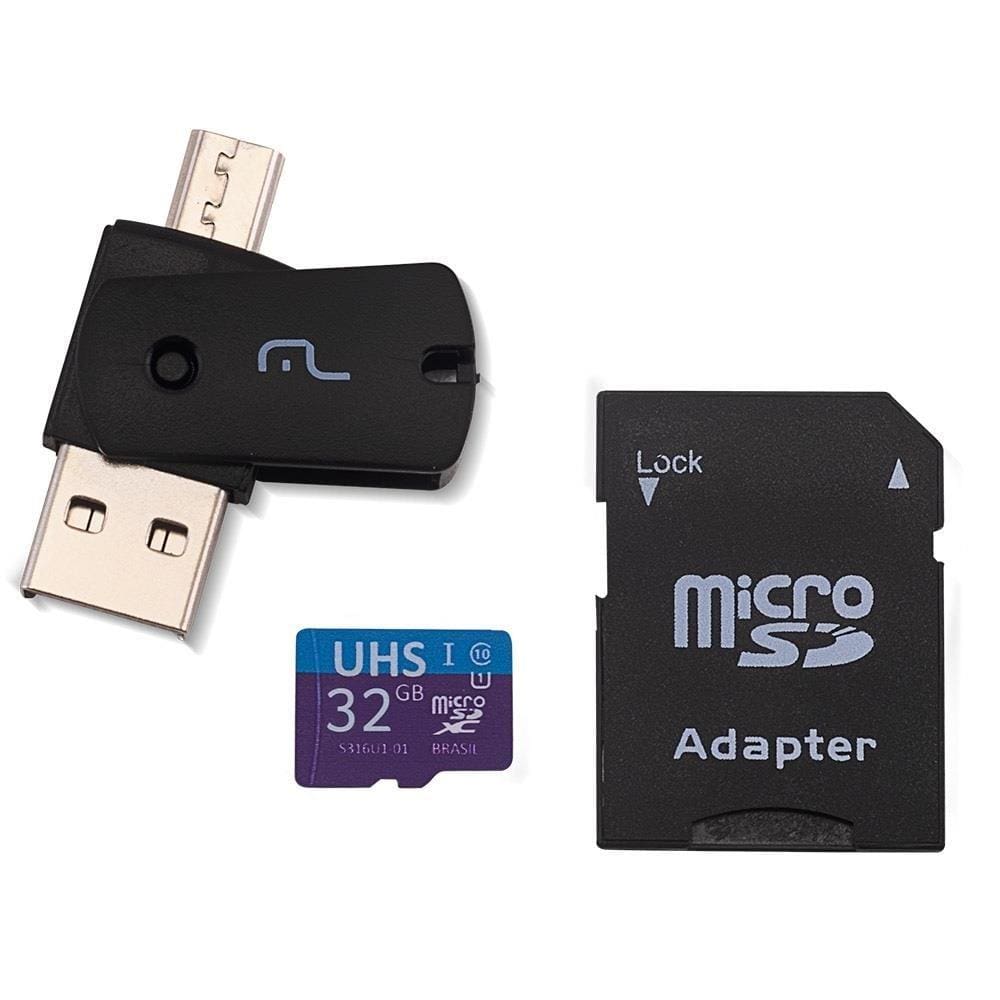 Kit Multilaser MC151 4 em 1: Cartão De Memória Ultra High Speed-I + Adaptador USB Dual Drive + Adaptador SD 32GB