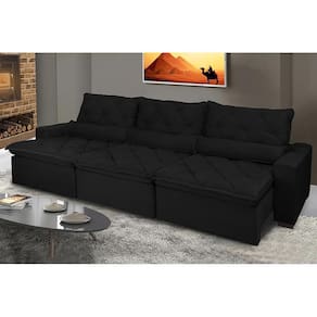 Sofá Lisboa 3,82m Retrátil, Reclinável, Molas no Assento e Almofadas Lombar Tecido Suede Preto