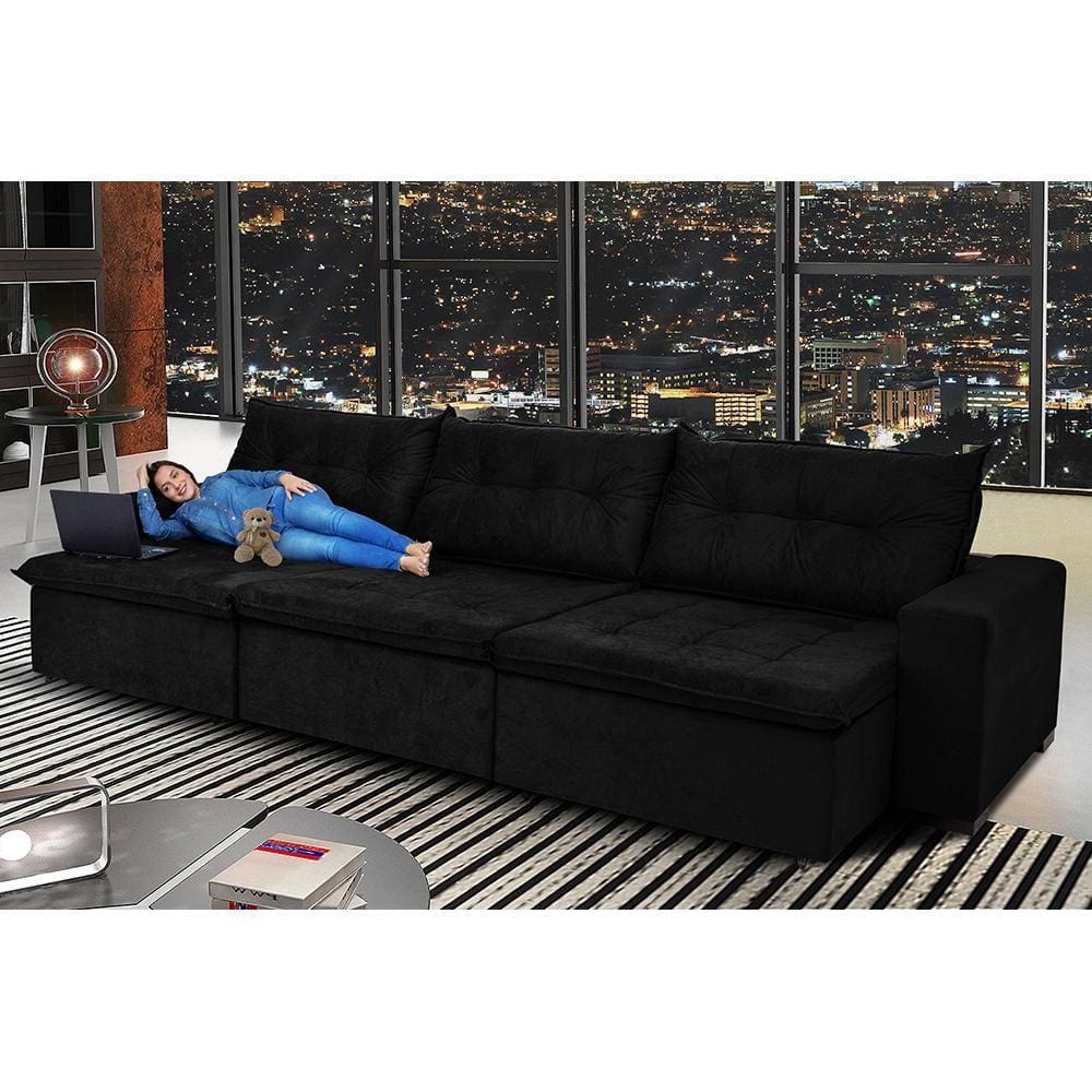Sofá Austrália 3,82m Retrátil, Reclinável, Molas e Pillow no Assento Tecido Suede Preto Cama InBox