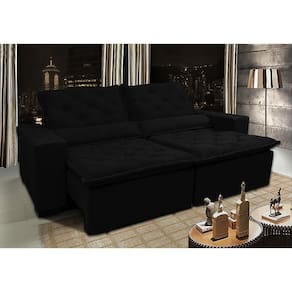 Sofá Lisboa 3,12m Retrátil, Reclinável, Molas no Assento Tecido Suede Velusoft Preto Cama InBox