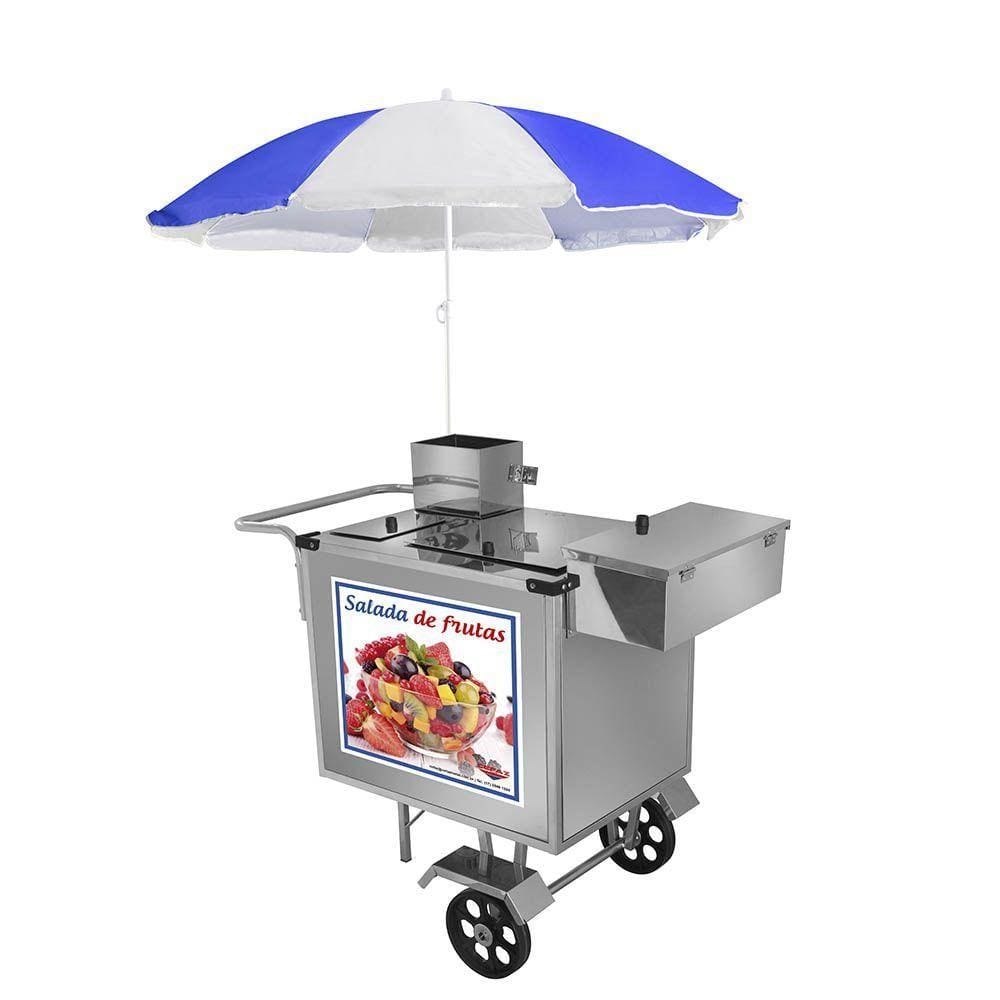 Carrinho de Salada de Frutas Cefaz Luxo Inox com Rodas Maciças e Guarda Sol L27M/GS