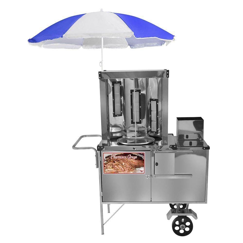 Carrinho de Churrasco Grego Cefaz Inox Rodas Maciças e Guarda Sol L19M/GS
