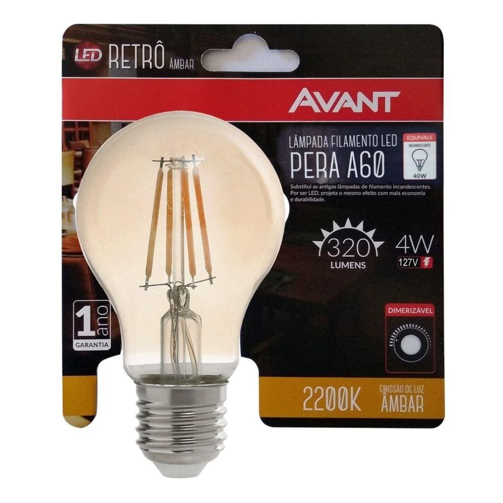 Lâmpada Led Filamento A60 4w 2200k Dimerizavel Retrô Avant