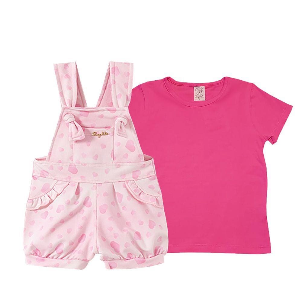 Conjunto Infantil Jardineira cotton Jeans e Camiseta manga curta Pingo Lelê Corações