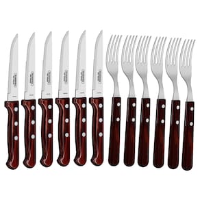 Jogo De Talheres Jumbo Tramontina Churrasco Com Lâminas Em Aço Inox E Cabos De Madeira Polywood Vermelho 12 Peças