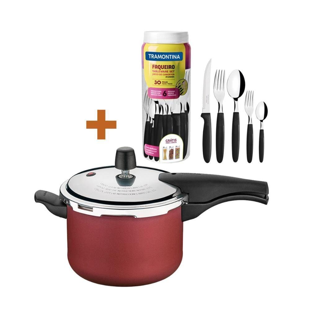 KIT - Panela de Pressão 4,5l Vancouver Vermelha + 1 Faqueiro 30pç - Tramontina
