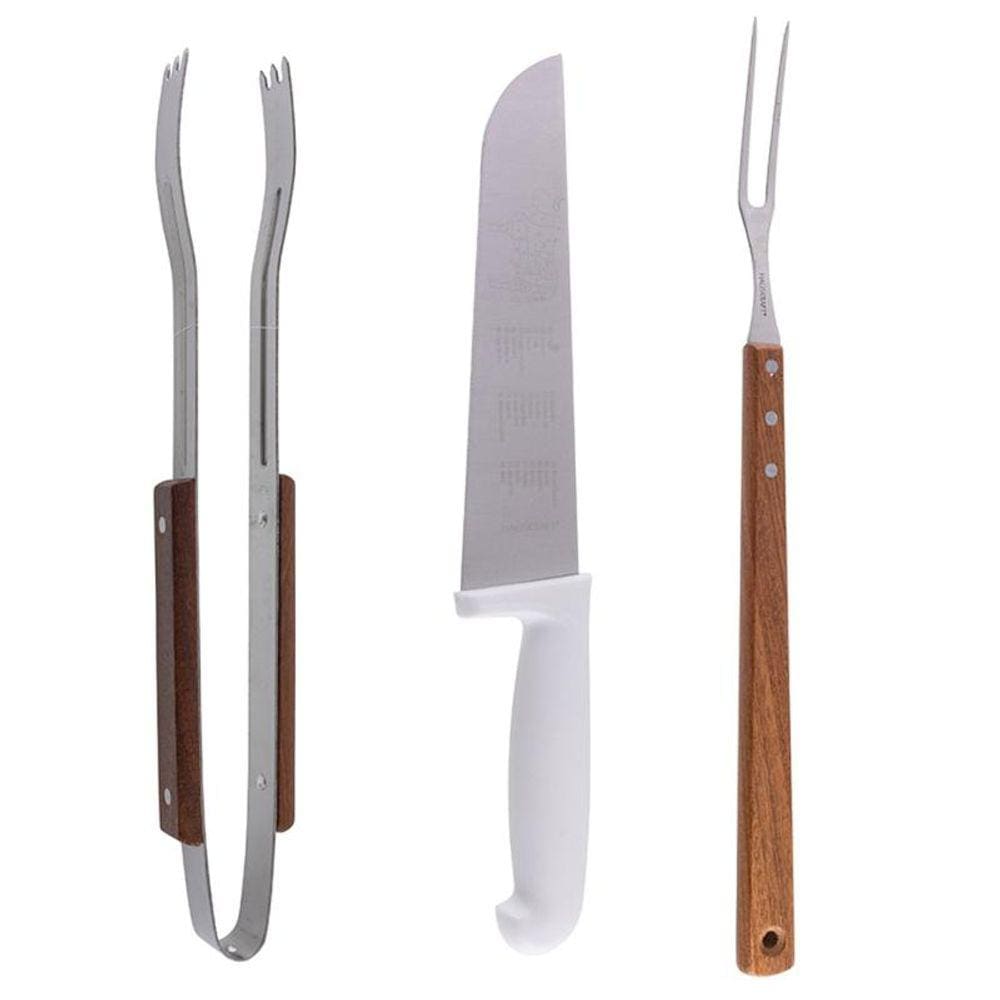Kit Churrasco 3 Peças com Faca, Pegador Garfo Trinchante