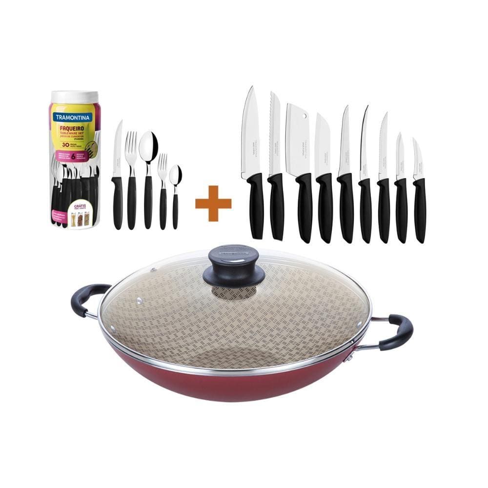 KIT - Panela WOK 6L 36 cm Vermelho + 1 Faqueiro 30pç + 1 Conjunto Facas 9pç - Tramontina