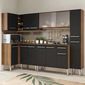 Cozinha Completa de Canto Madesa Emilly Space com Armário Vidro Miniboreal, Balcão e Paneleiro