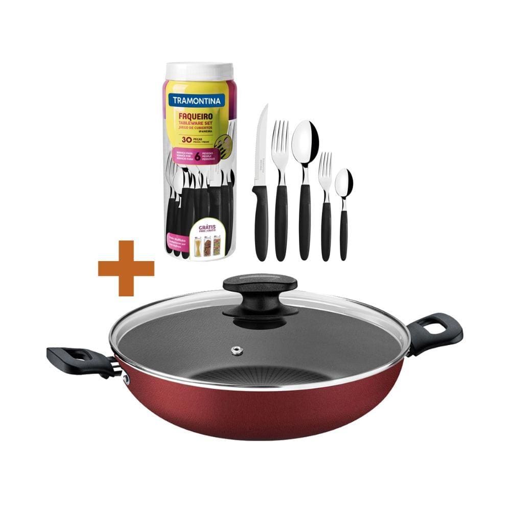 KIT - Panela Wok Alumínio 28Cm Loreto Vermelho + 1 Faqueiro 30pç - Tramontina