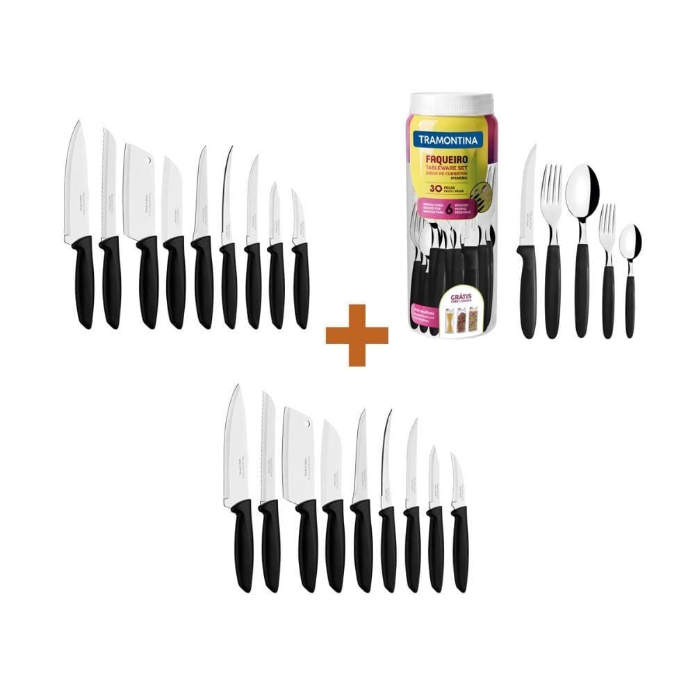 KIT - 1 Faqueiro Inox 30 Peças Ipanema Preto + 2 Conjuntos Facas 9pç - Tramontina