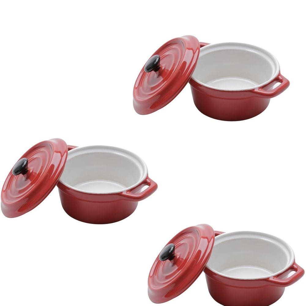 Conjunto de 3 mini panelas redondas porcelana Vermelha  12,7cm