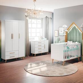 Quarto Infantil Completo Retrô Guarda Roupa 3 Portas, Cômoda 4 Gavetas com Porta, Berço Mini Cama Ludmila Bétula