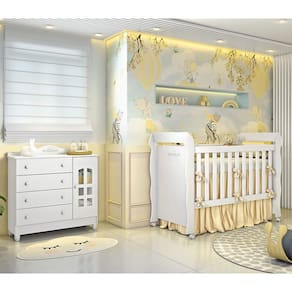 Conjunto Infantil Cômoda Provençal 4 Gavetas com Porta e Berço Mini Cama Provençal Lisa Br Brilho Carolina Baby