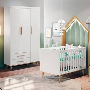 Conjunto Infantil Retrô Guarda Roupa 3 Portas e Berço Mini Cama Retrô Ludmila Branco Fosco Bétula Carolina Baby
