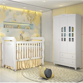 Conjunto Infantil Guarda Roupa Provençal 3 Portas e Berço Mini Cama Provençal Lisa Branco Brilho Carolina Baby