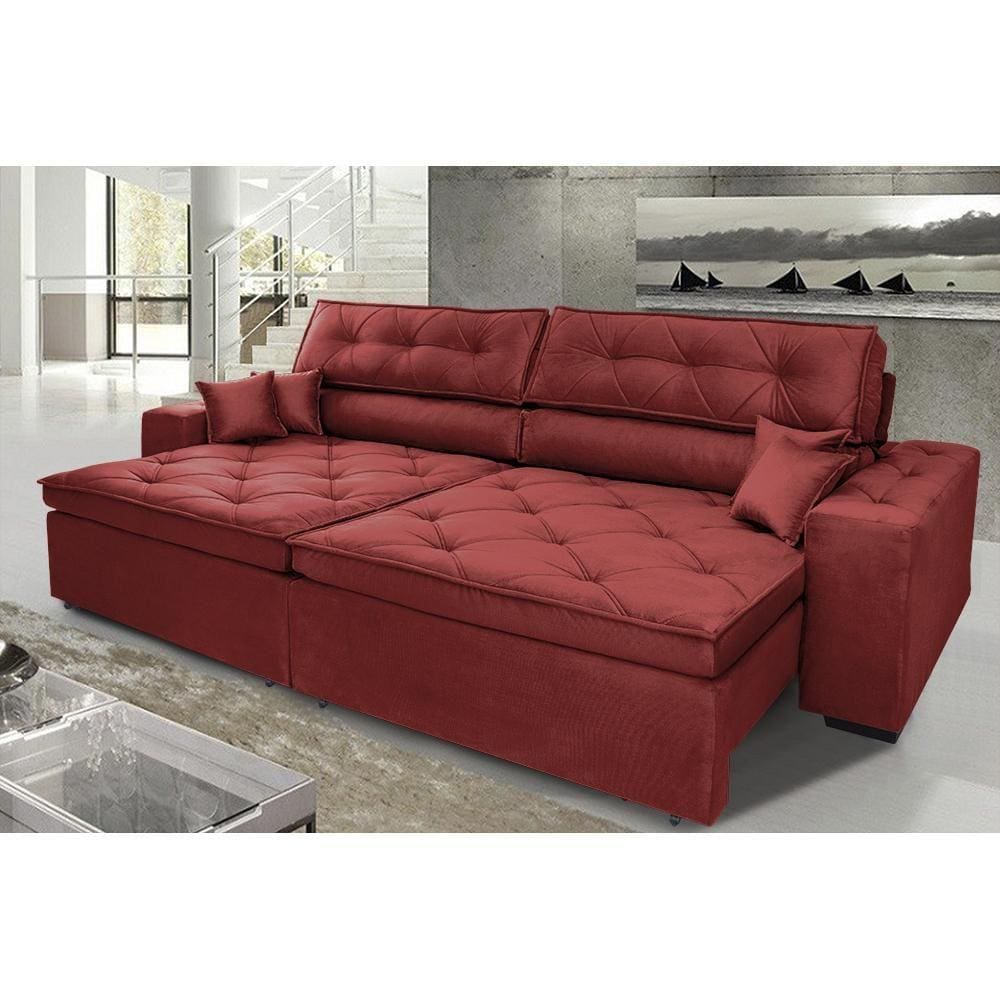Sofá Austin 2,82m Retrátil, Reclinável com Molas no Assento e Almofadas, Tecido Suede Vermelho