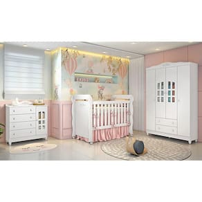 Quarto Infantil Provençal Guarda Roupa 4 Portas, Cômoda 4 Gavetas com Porta, Berço Mini Cama Provençal Lisa Br Brilho Carolina Baby