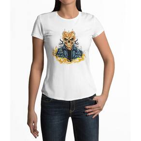 Camiseta ECF Feminina Caveira e Espinhos Manga Curta Branca Poliester