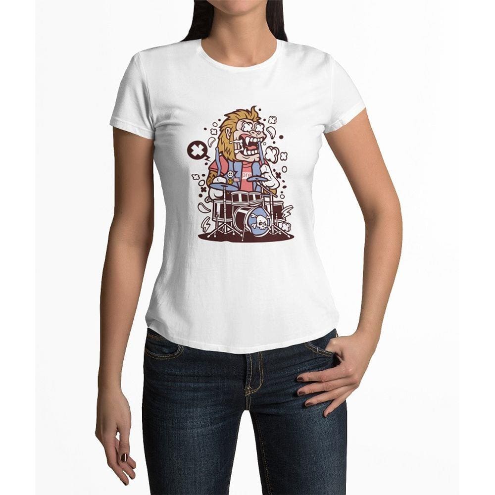 Camiseta ECF Feminina Gorila Baterista Manga Curta Branca Poliester