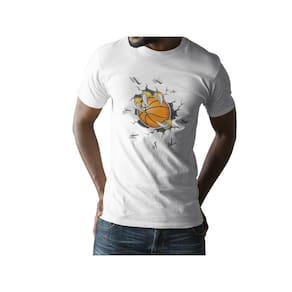 Camiseta ECF Masculina Garras segurando bola de basquete Manga Curta Branca Poliester