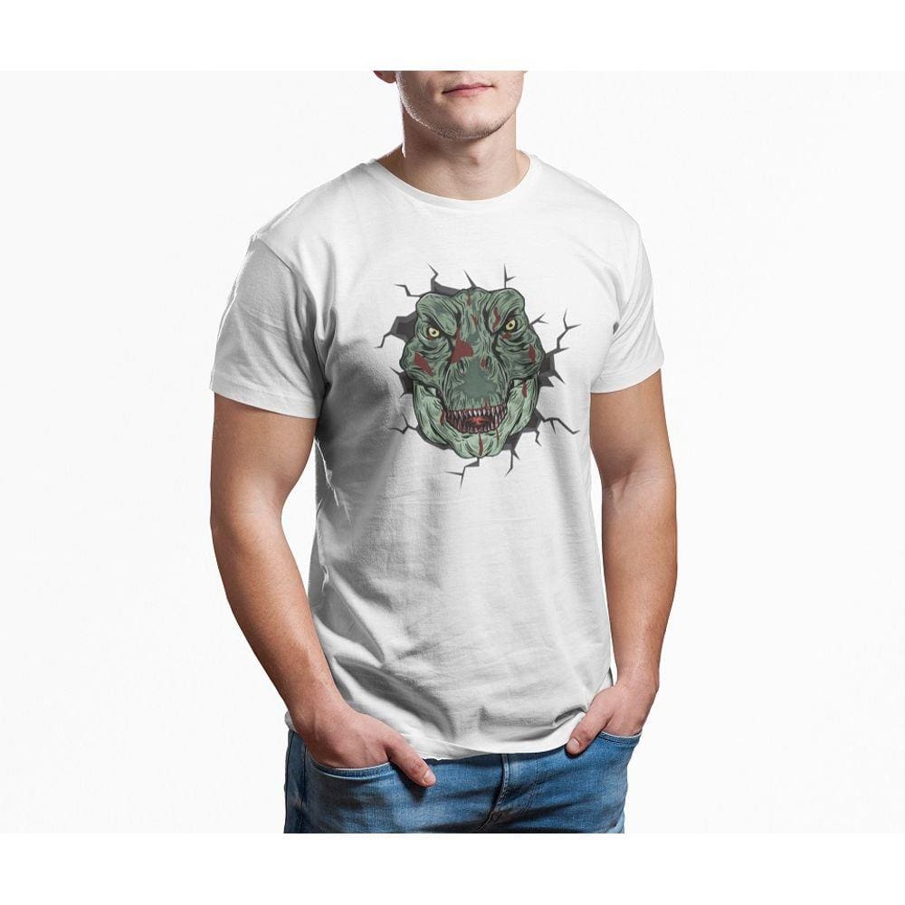 Camiseta ECF Masculina Dinossauro aparecendo de frente Manga Curta Branca Poliester